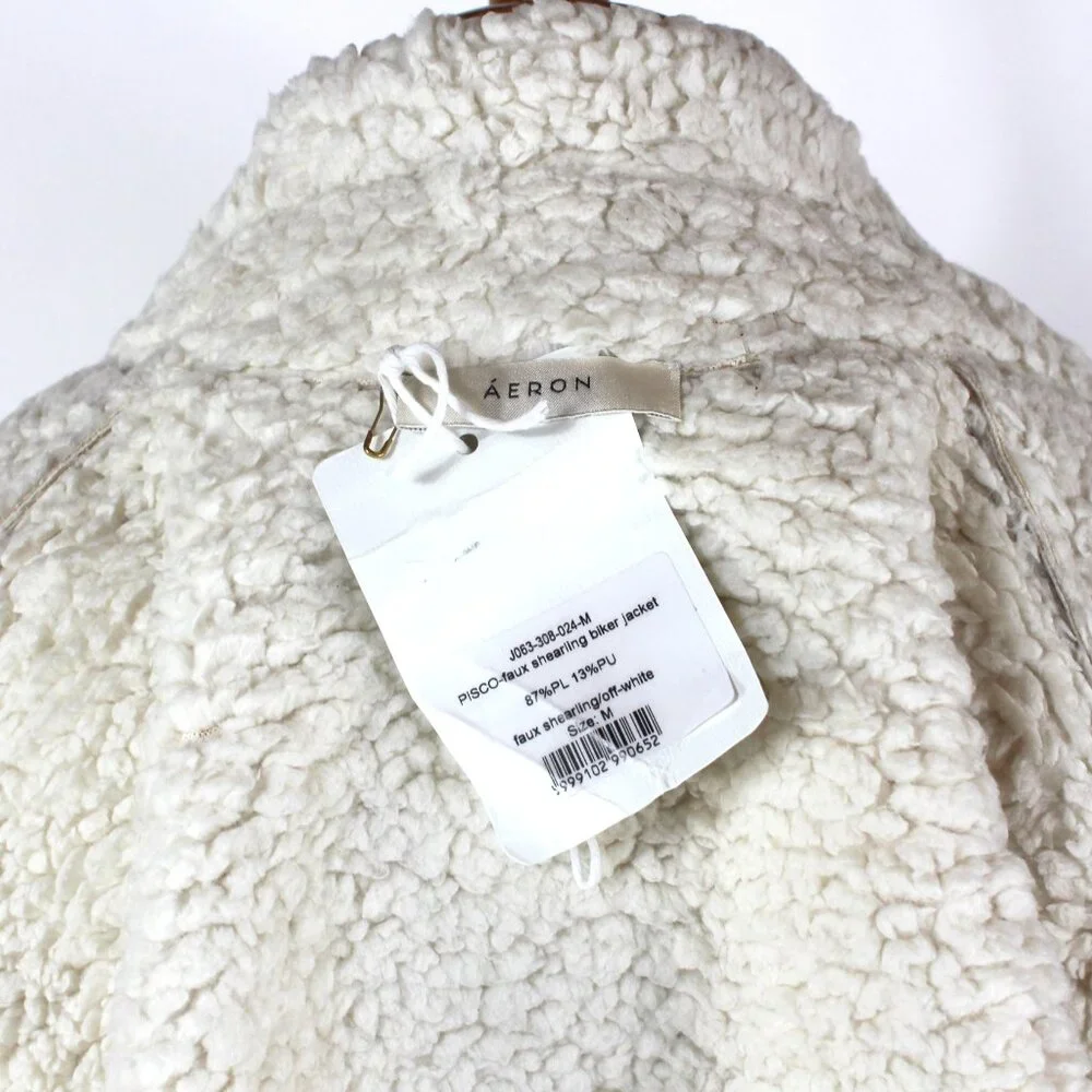 Aeron Pisco Faux Shearling Lined Off White Faux Leather Zip Biker Jacket M NEW